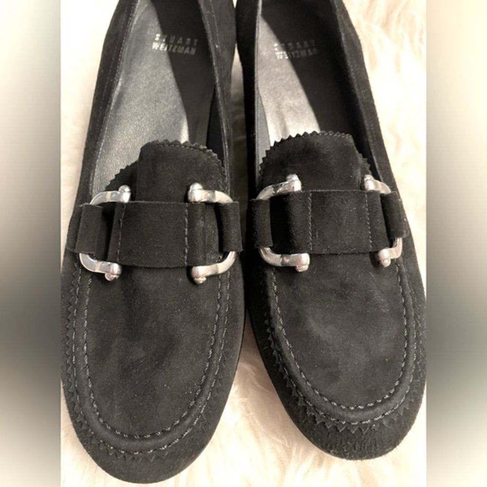 NEW Stuart Weitzman Black Suede Wedge Loafers Sz 10 - Picture 4 of 9